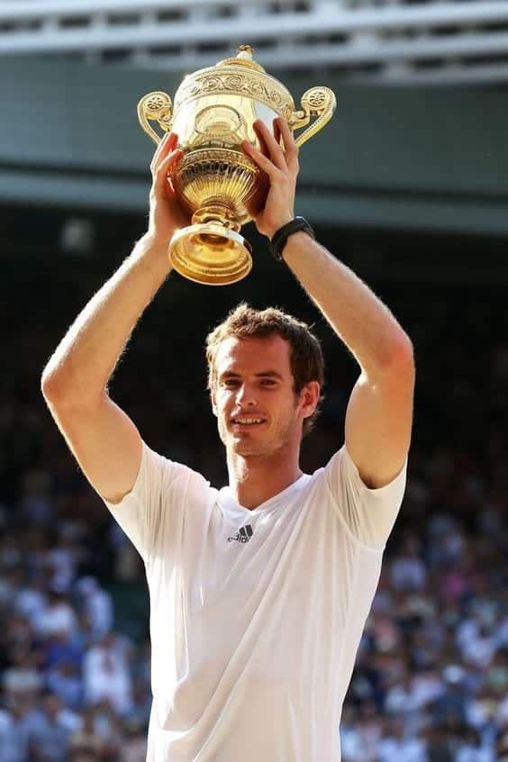 Andy Murray lifting the trophy at Wimbledon 2013