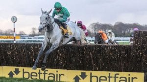 A horse jumping over a fence at the Betfair Chase